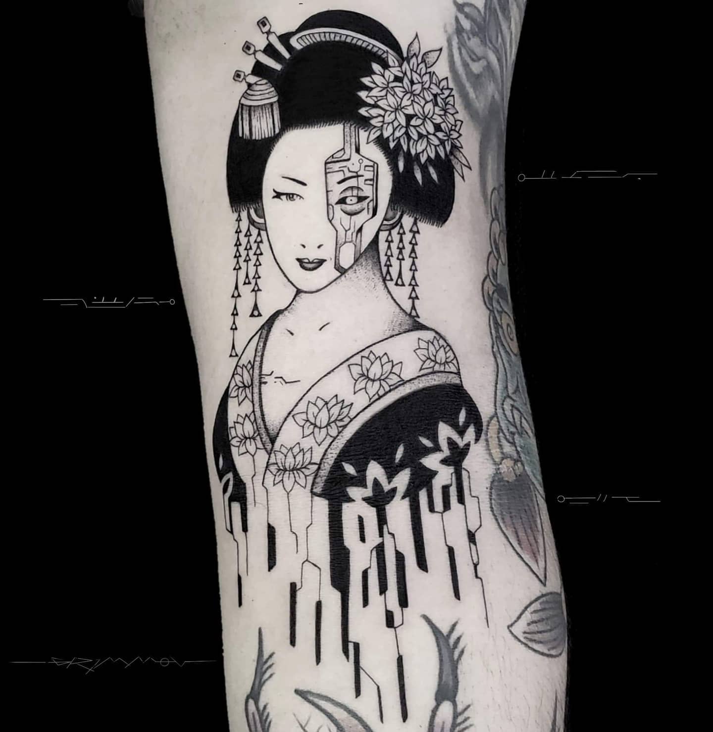Cyberpunk tattoo featuring a traditional geisha with a mechanical half-face, blending Japanese and futuristic element